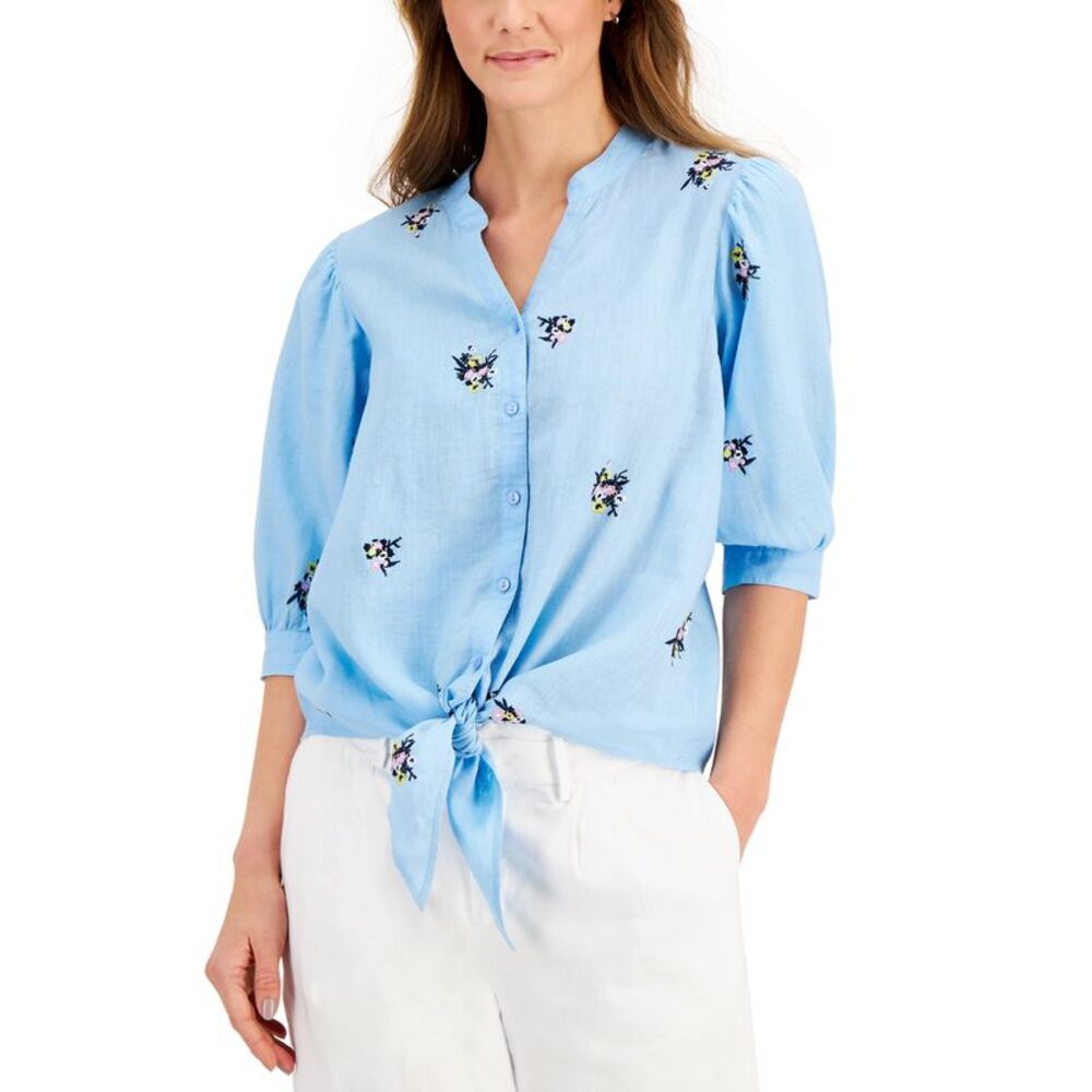 Charter Club Linen Embroidered 3/4 Sleeve Blouse